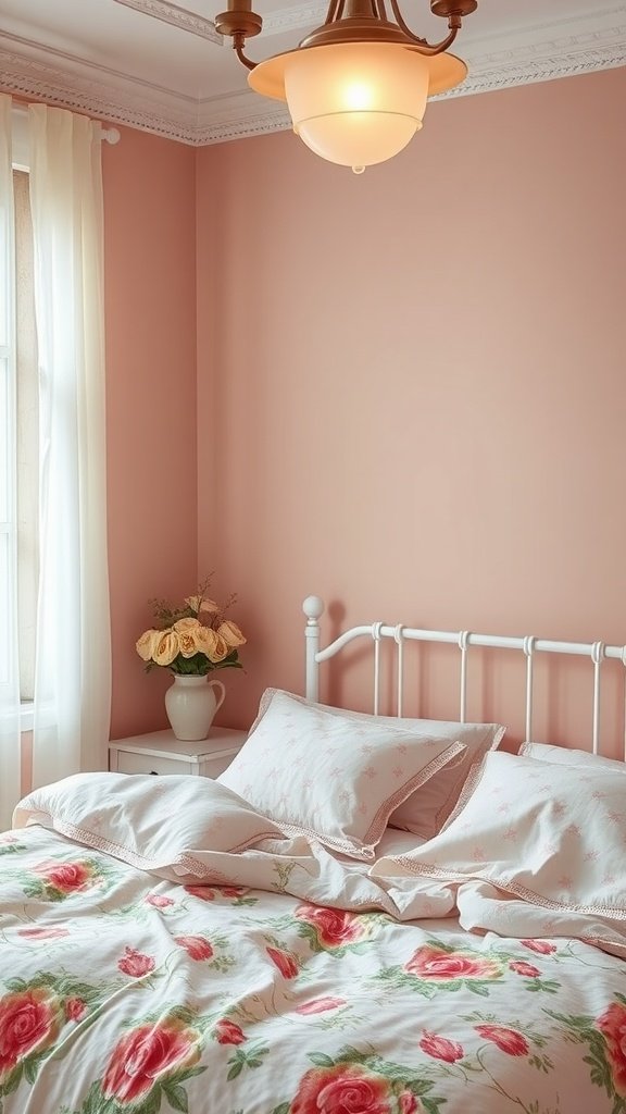 A cozy bedroom featuring muted pink walls, white iron bed, floral bedding, and a vase of yellow roses.