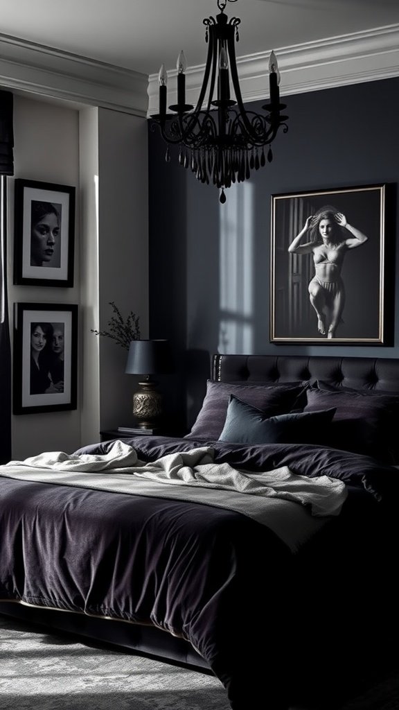 A dark nature aesthetic bedroom with plush bedding, black chandelier, and striking wall art.