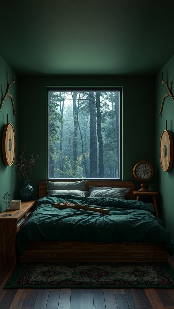 A dark nature aesthetic bedroom with a view of a mystical forest through a large window.