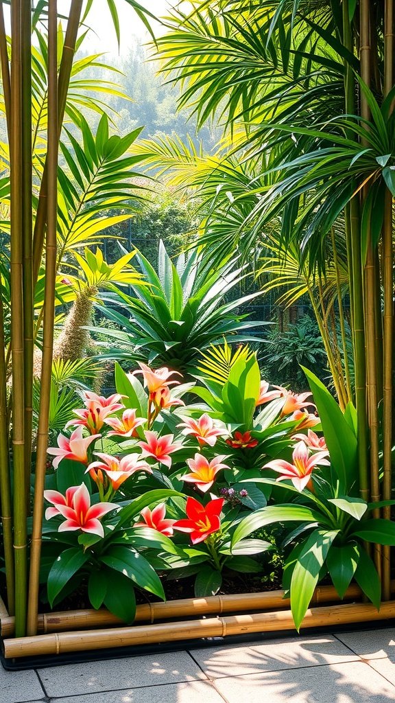 A vibrant flower bed bordered by bamboo, featuring lush green leaves and colorful flowers.