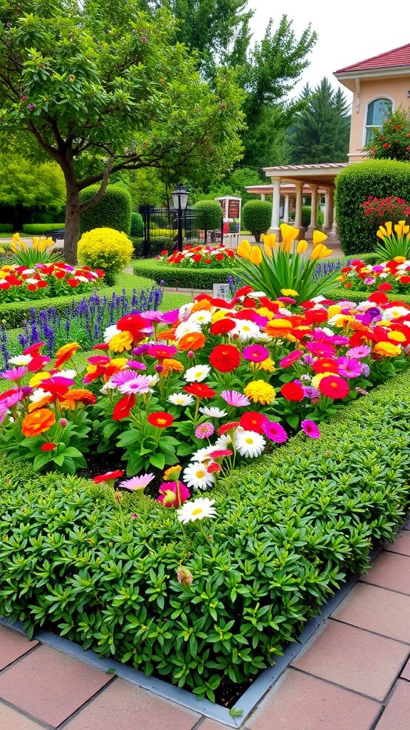 A colorful flower bed bordered by lush green hedging plants