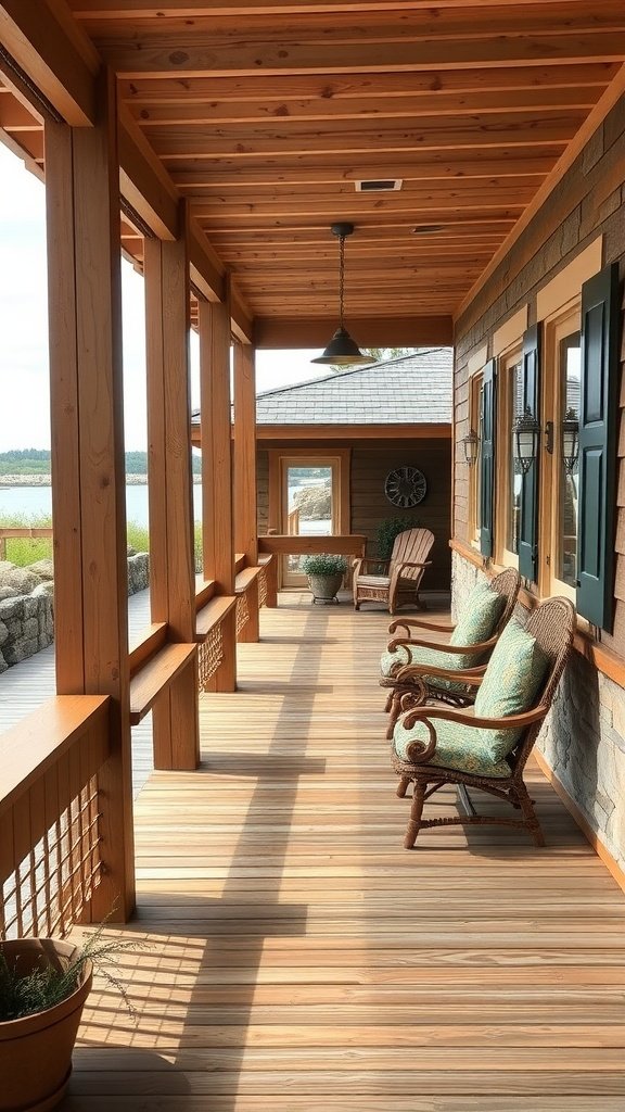 A cozy porch featuring wooden beams and stone accents, with comfortable seating and potted plants.