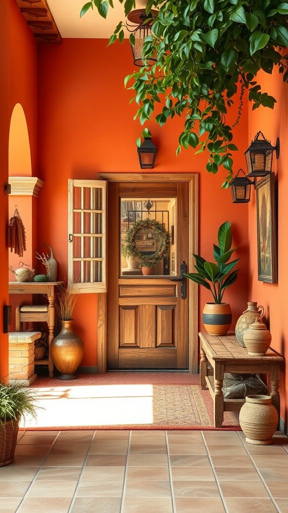 A warm terracotta entrance with wooden door and potted plants