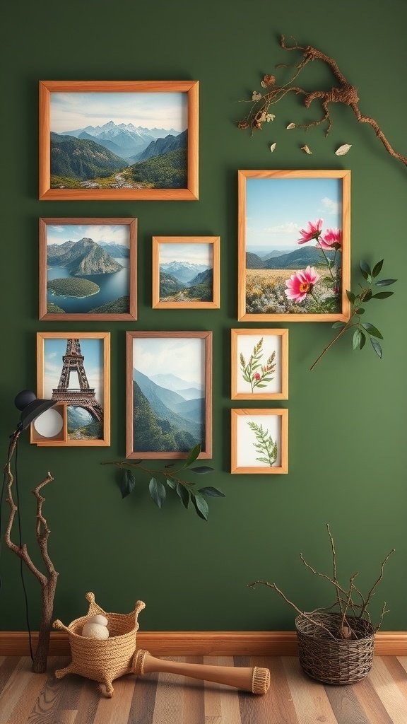 A nature-inspired photo wall with framed landscapes and flowers against a green wall