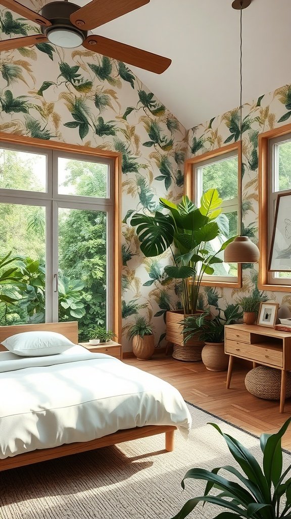 Bright and airy guest bedroom with nature-inspired decor featuring leafy wallpaper and indoor plants.