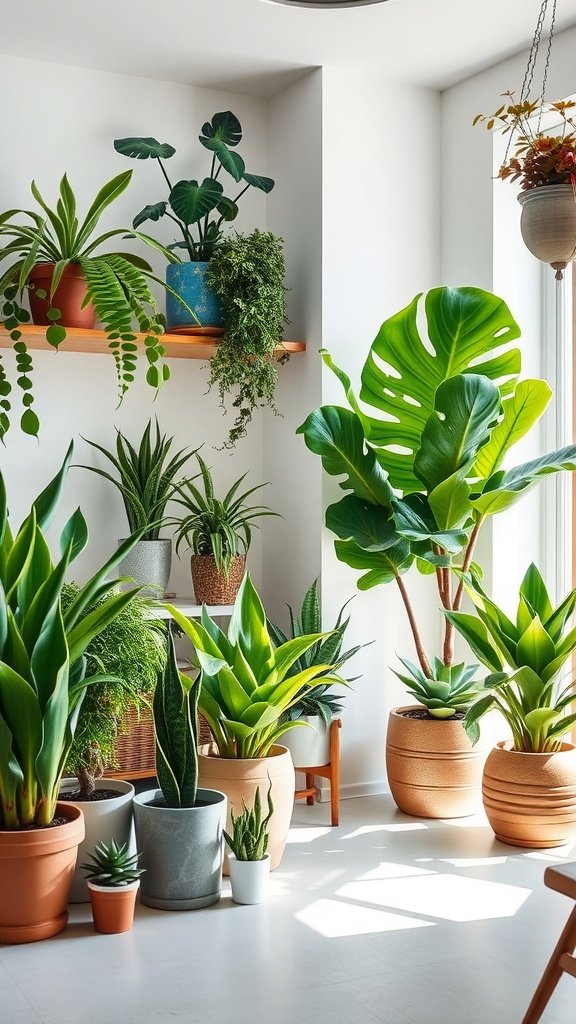 An array of indoor plants in various pots arranged in a bright room