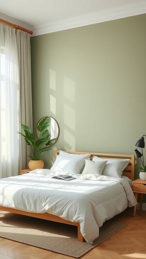 A serene bedroom featuring soft green walls, a wooden bed, and natural light.