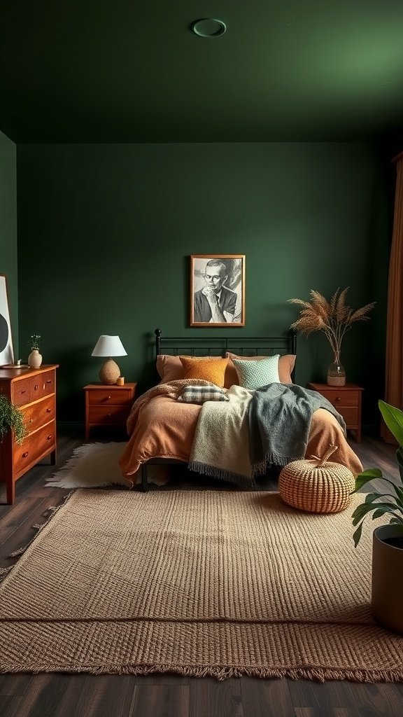 A dark nature aesthetic bedroom with green walls, orange and gray bedding, wooden furniture, and plants.
