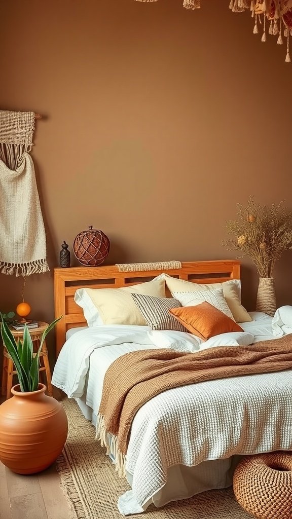 A cozy bedroom featuring earth tone paint colors with a terracotta wall, layered bedding, and natural accents.