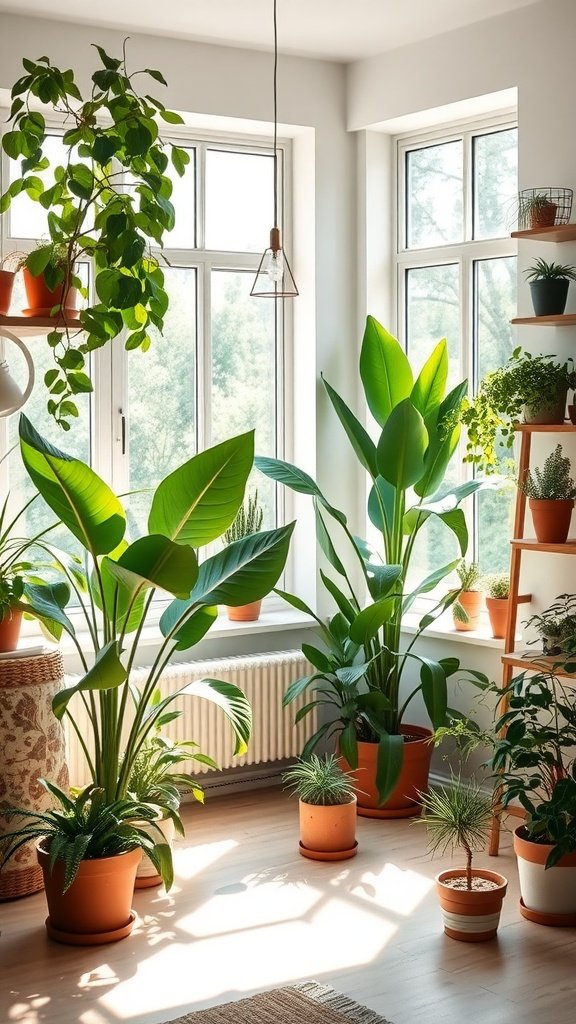 A cozy living room filled with various indoor plants in terracotta pots, creating a fresh and inviting atmosphere.
