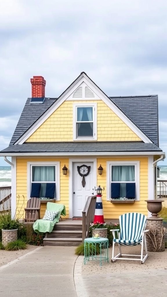 A charming yellow Cape Cod house with a steep roof, cozy porch seating, and nautical decorations.
