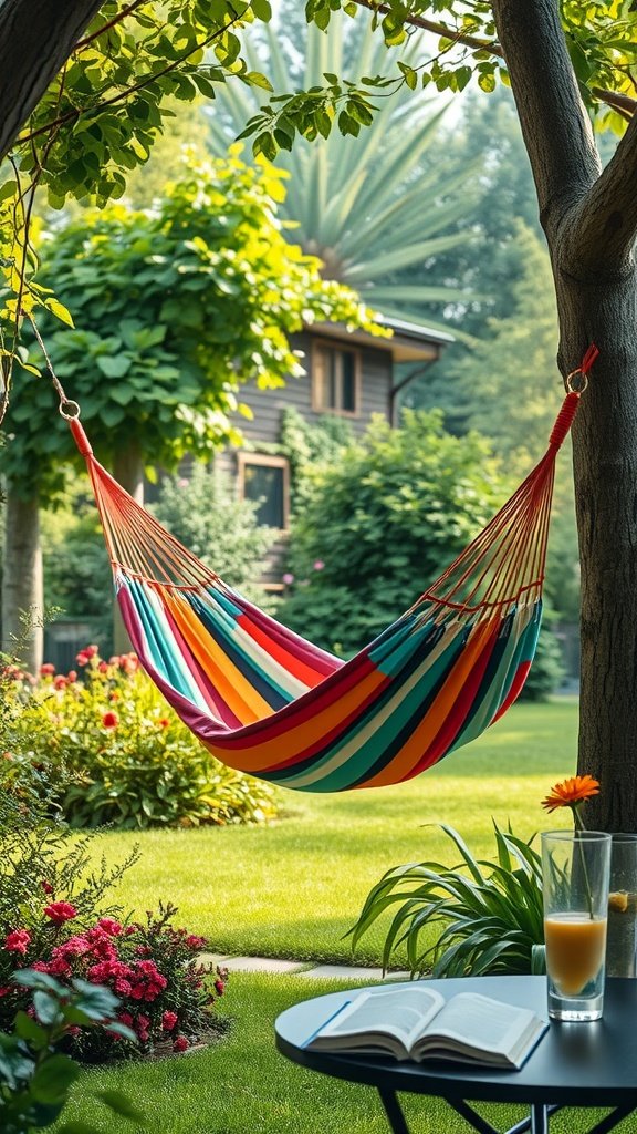 A colorful striped hammock hanging in a lush garden with flowers and a small table.