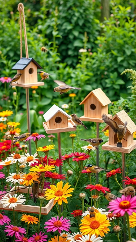 Colorful garden with birdhouses and flowers, attracting birds and pollinators.