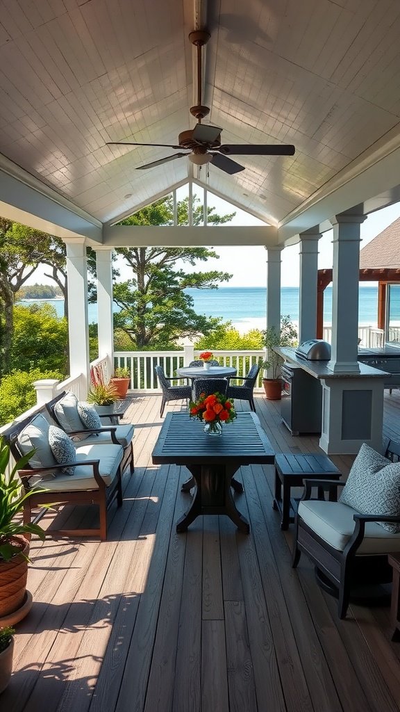 A beautiful porch with comfortable seating and a view of the ocean, featuring a ceiling fan and a table with flowers.