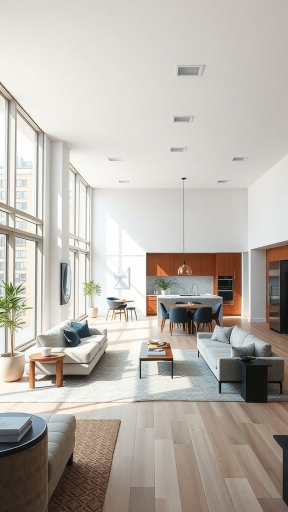 A modern open floor plan featuring a spacious living room and kitchen with large windows