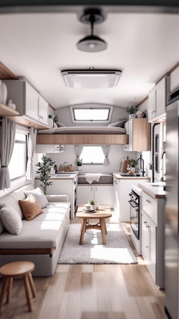Interior of a small camper with an open layout featuring a cozy sofa, kitchen area, and natural decor.