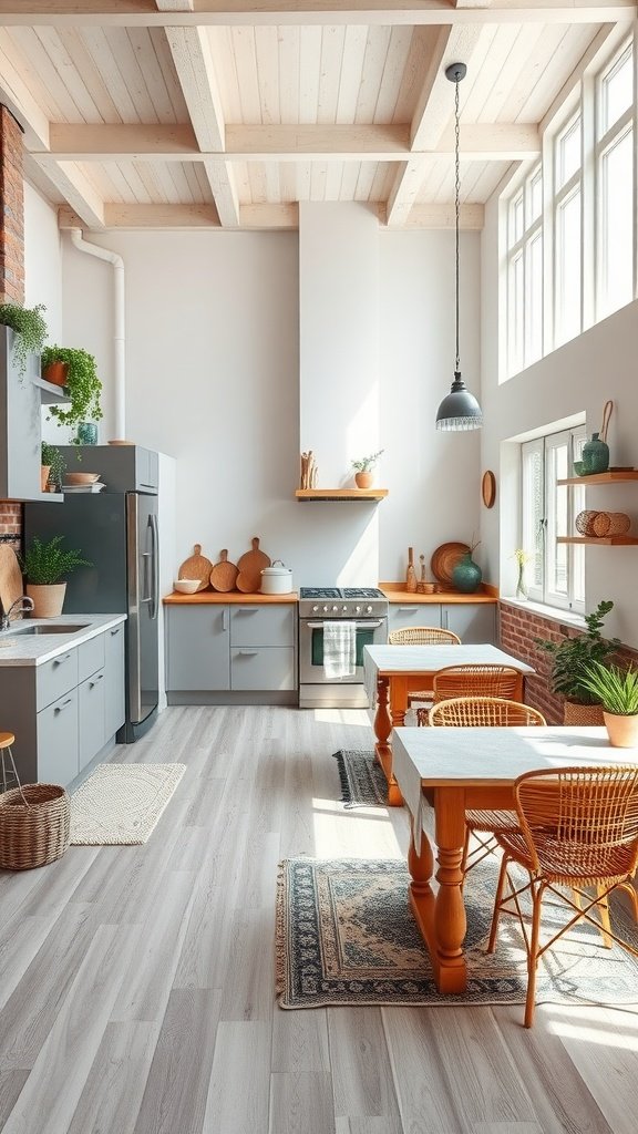 A spacious boho kitchen with natural light, light wood accents, and plants.