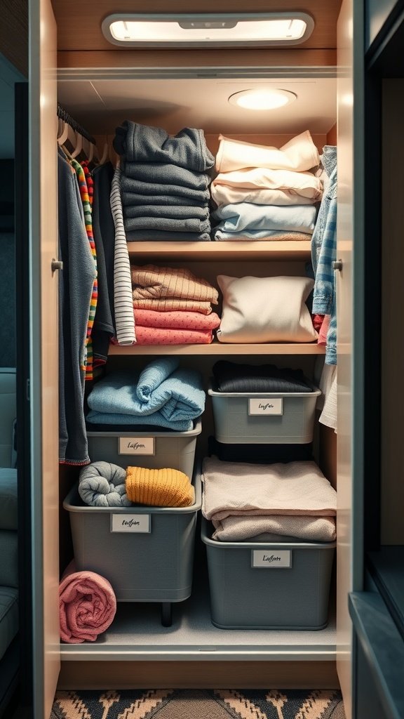 Organized camper closet with folded clothes and labeled storage bins