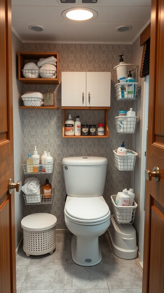 Organized RV bathroom with shelves, baskets, and toiletries arranged neatly