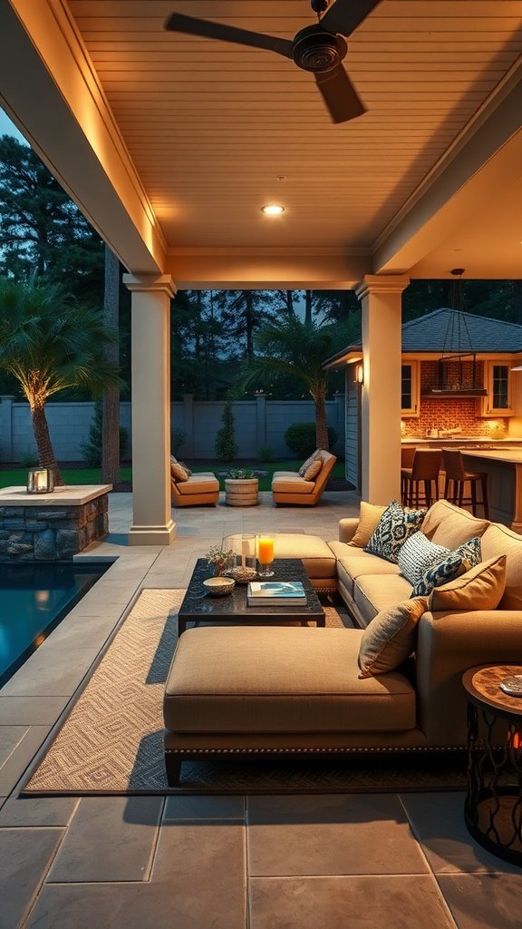 Cozy outdoor living room with seating area and pool