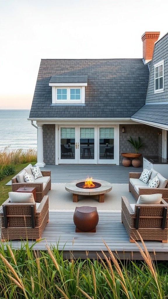 Luxury outdoor living space with fire pit and ocean view