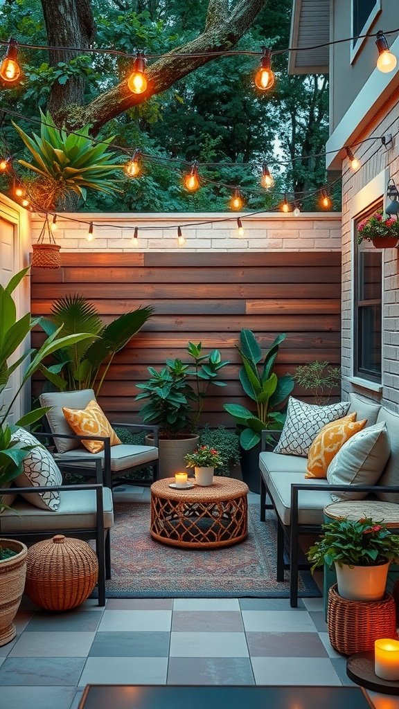 A stylish patio retreat featuring comfortable seating, warm lighting, and lush plants.