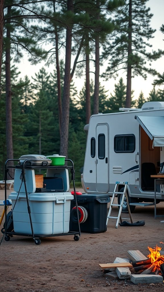 Outdoor camper storage setup with bins and a campfire in a forest setting.