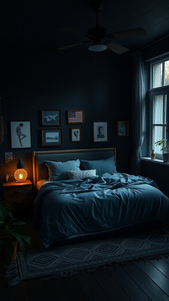 A dark nature aesthetic bedroom featuring blue bedding, framed artwork, and warm lighting.