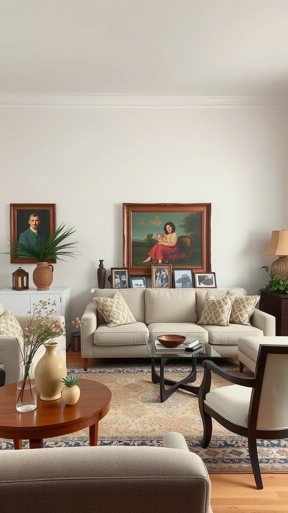 Cozy living room featuring family portraits, a coffee table, and comfortable seating.