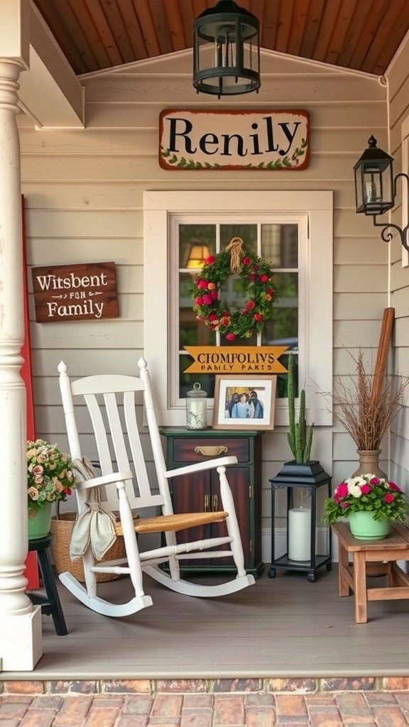 Charming farmhouse front porch with a rocking chair, flowers, and family signs.