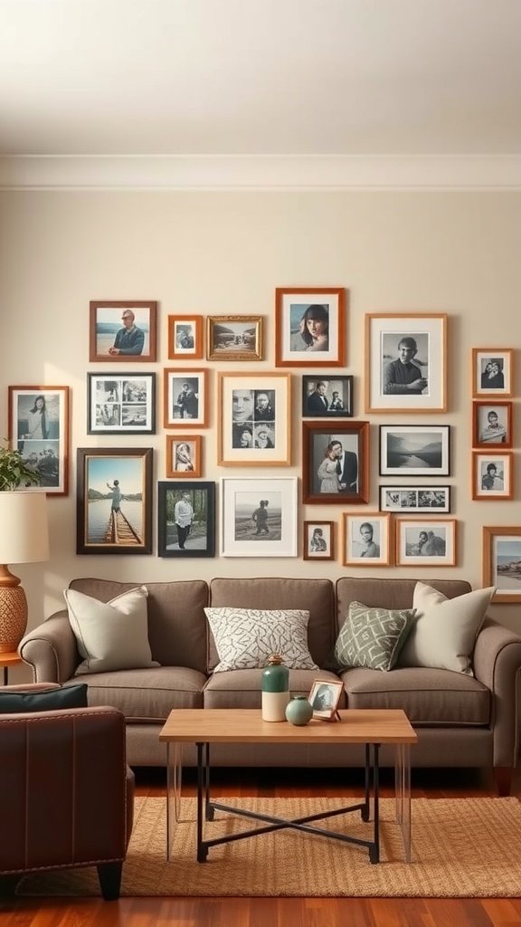 A cozy living room with a wall of framed photos showcasing cherished memories.