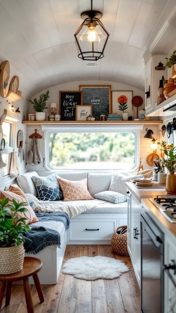 A cozy small camper interior with plants, cushions, and decor elements.
