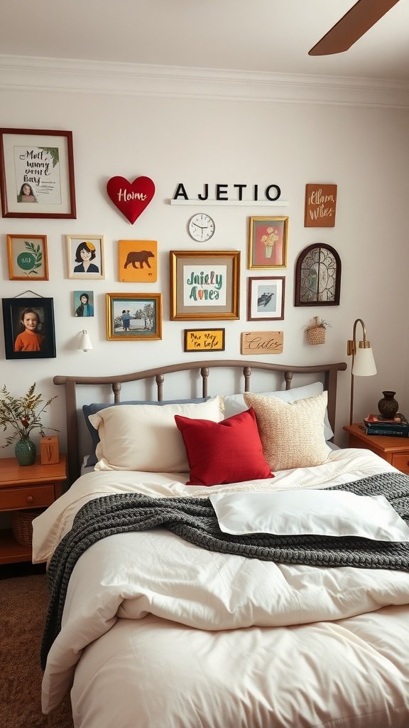 A cozy guest bedroom with a gallery wall, comfortable bedding, and decorative touches.