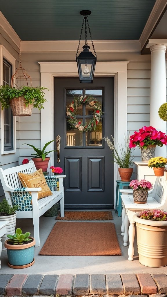 A beautifully decorated front porch with plants, seating, and a welcoming door.