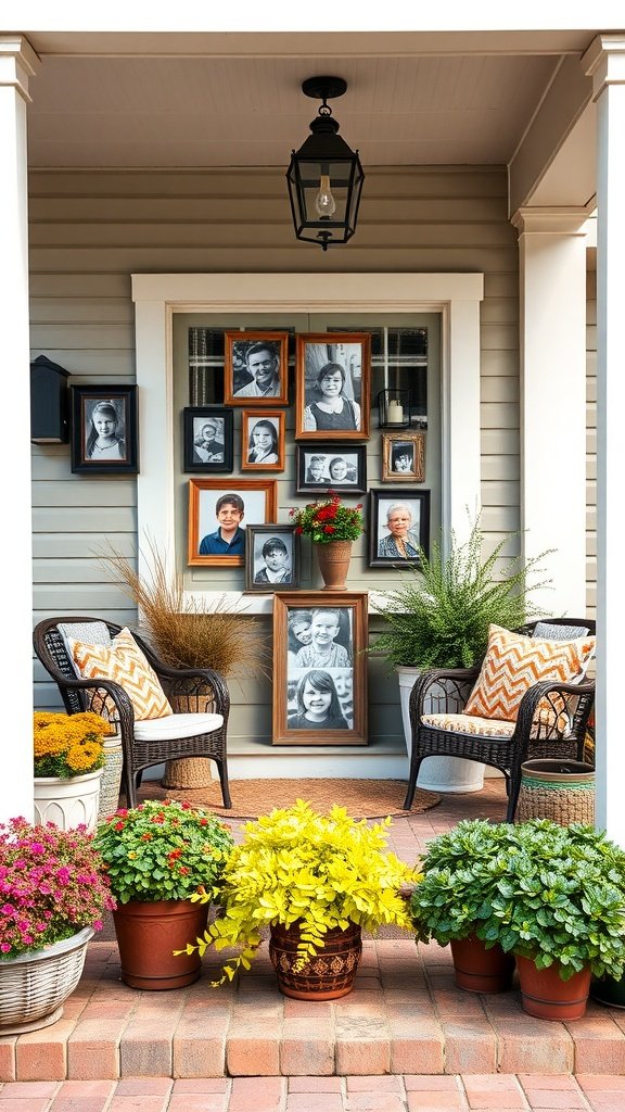 A small front porch featuring a gallery wall of family photos, decorative plants, and cozy chairs.