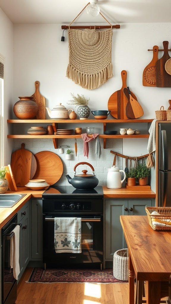 A cozy Boho kitchen featuring handcrafted decor items, including wooden utensils, pottery, and a woven wall hanging.