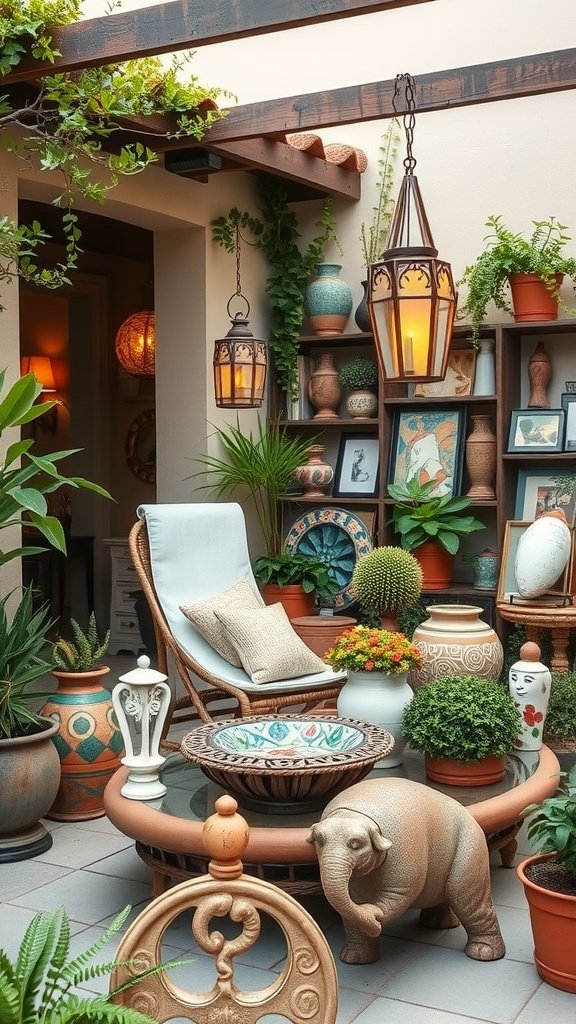 A cozy patio with unique decor items including a woven chair, colorful planters, and a charming elephant statue.