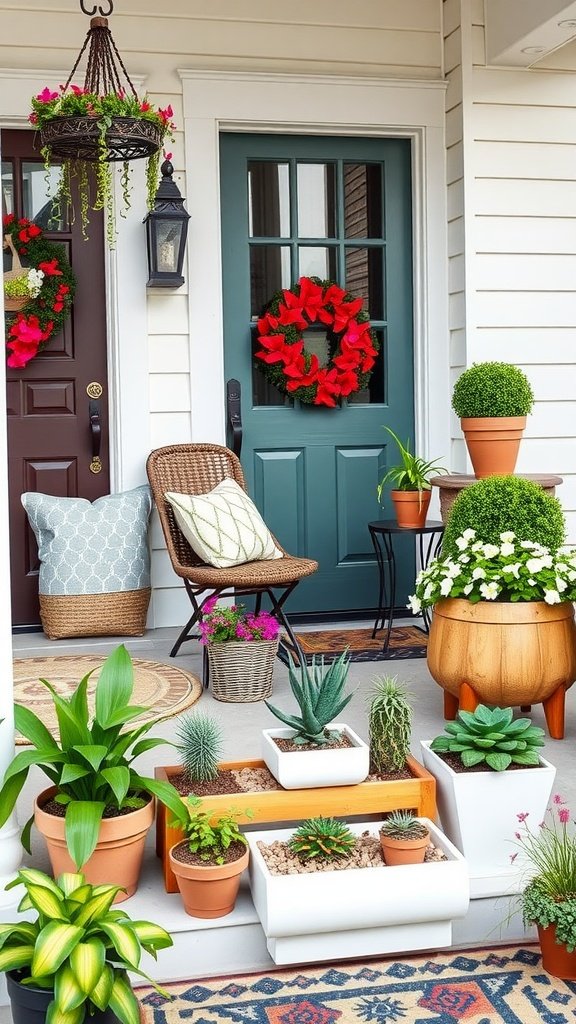 A welcoming front porch with various DIY planters filled with plants and flowers, featuring a cozy chair and decorative elements.