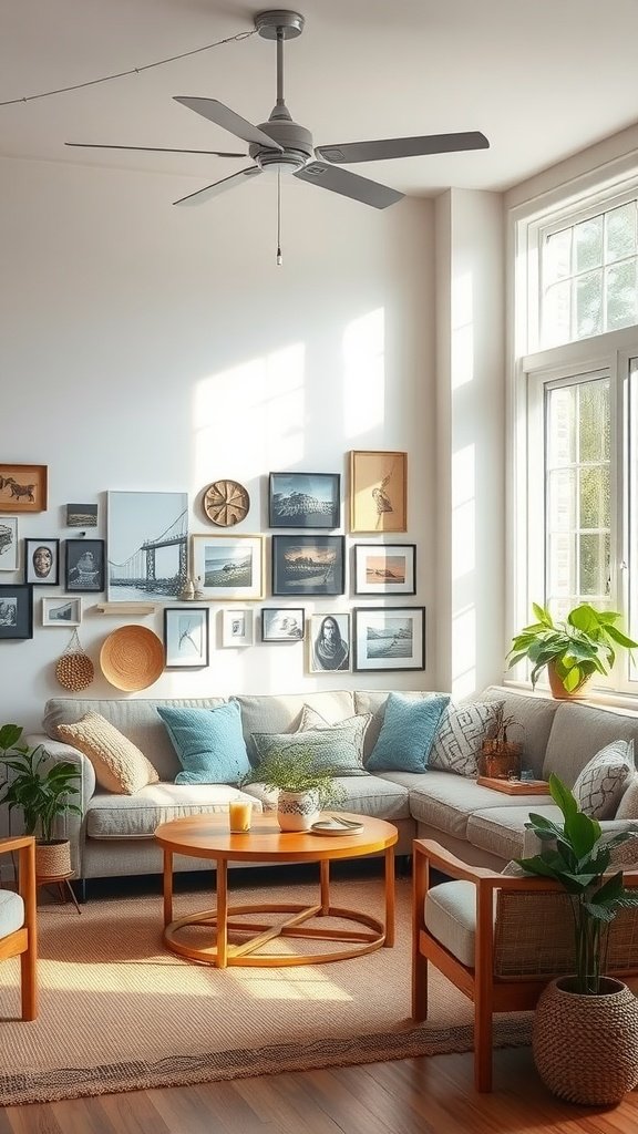 A large living room with a cozy sectional sofa, round coffee table, plants, and a gallery wall.