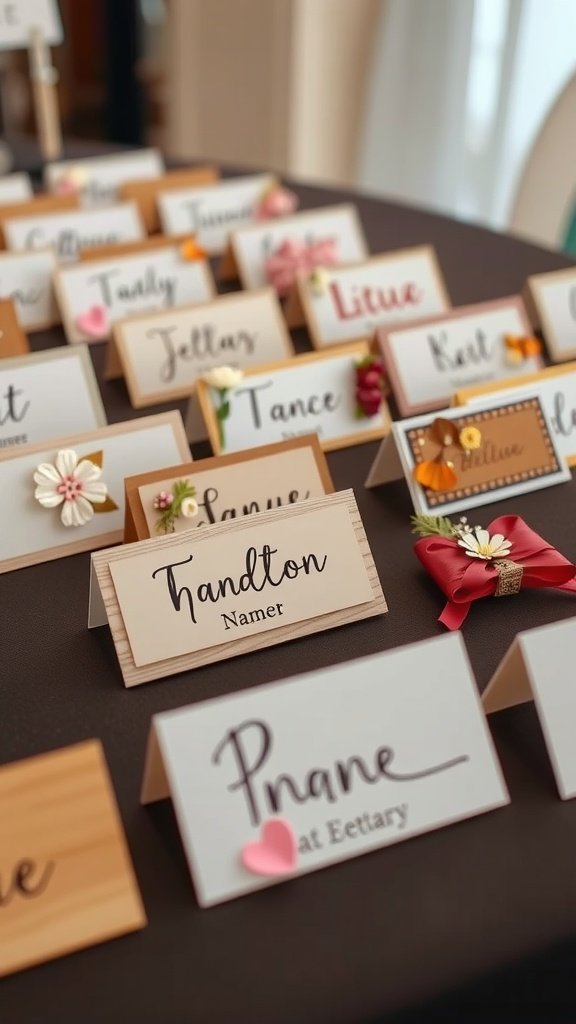 A display of personalized name tags on a table, featuring various names and decorative elements.