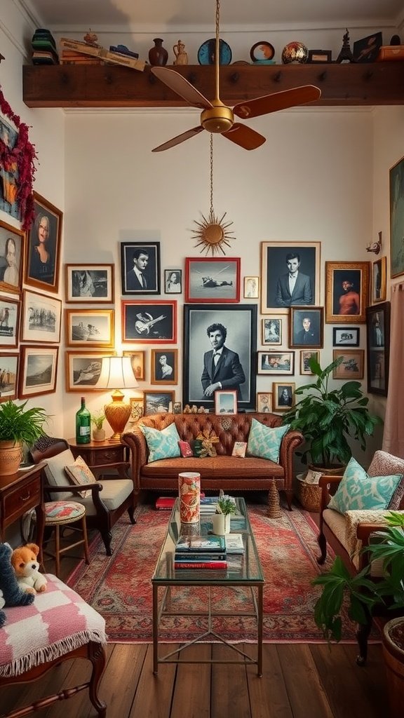 Cozy living room with eclectic decor, featuring framed photos on the walls, a comfortable couch, and vibrant plants.
