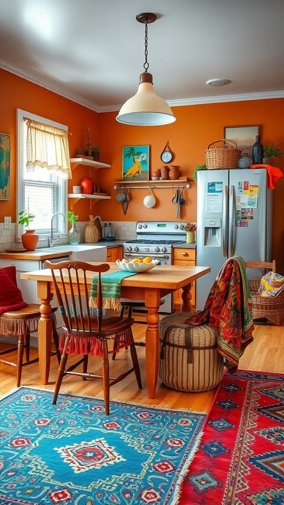 A colorful Boho kitchen with vibrant rugs, patterned textiles, and a cozy dining area.