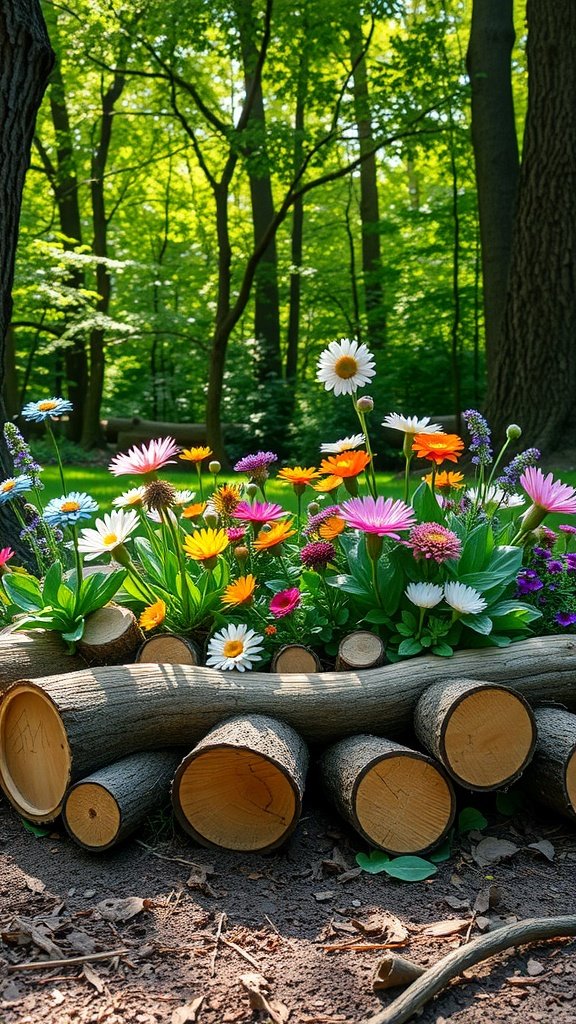 Colorful flowers arranged along log sections in a forest setting