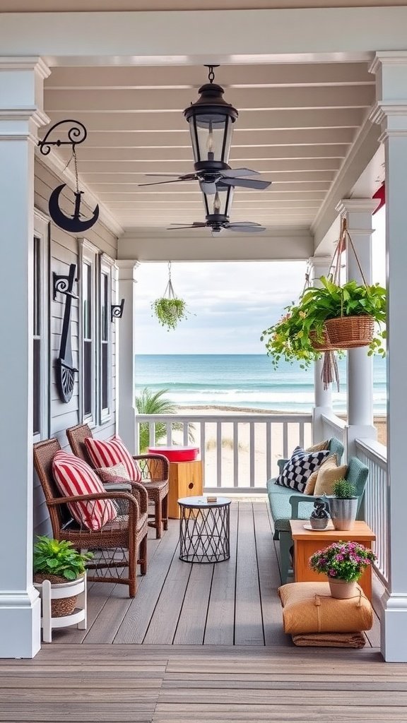 Cozy porch with ocean view, featuring comfortable seating and nautical decor.