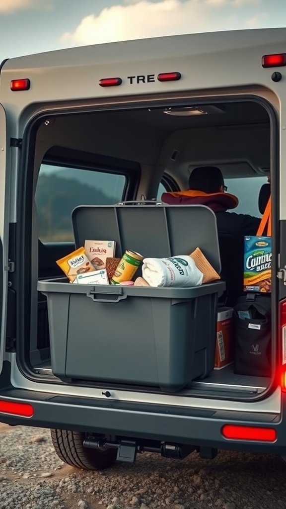 A neatly organized RV storage area with bins and essential items for road trips.