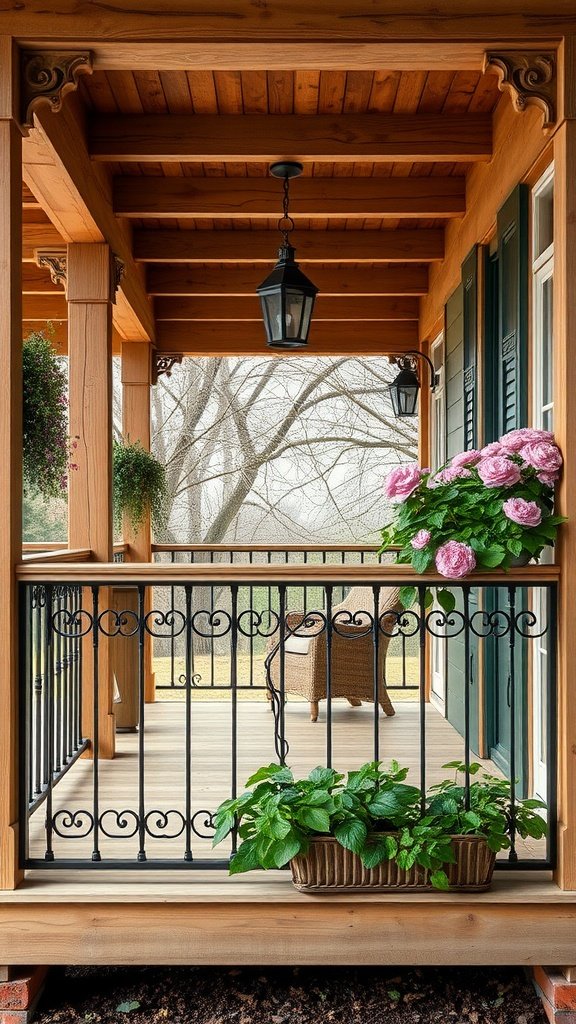 Chic farmhouse front porch with wooden structure, wrought iron railing, and vibrant flowers.
