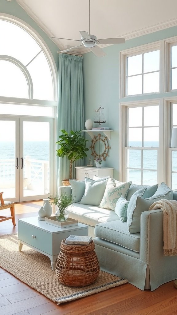 A bright living room with light blue walls, large windows overlooking the ocean, and a cozy sofa with aquatic-themed pillows.