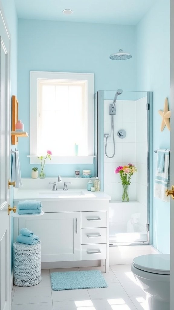 A small bathroom painted in light blue with a modern design.