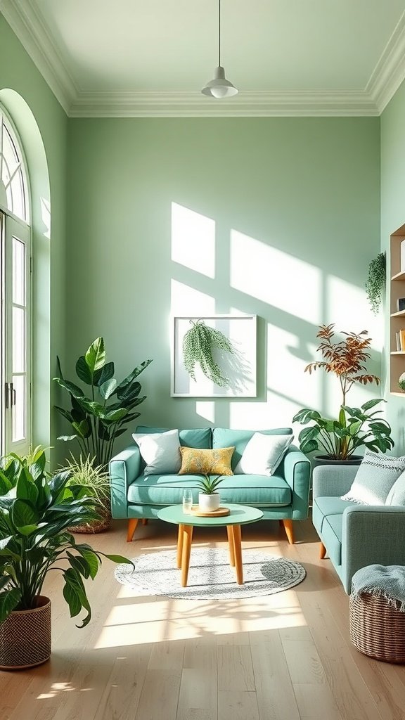 A cozy living room with soft green walls, plants, and matching furniture.