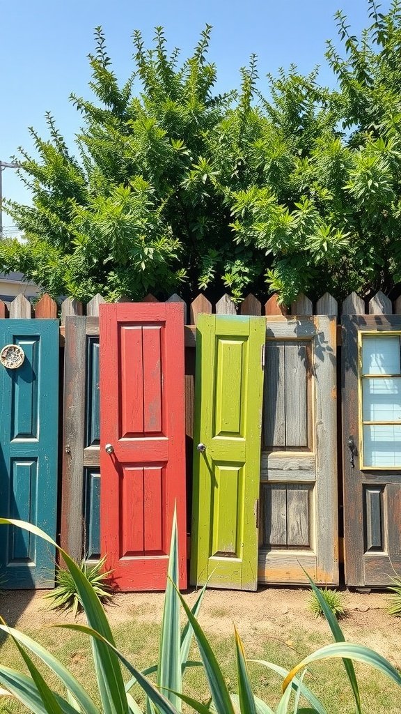 A colorful fence made from repurposed old doors in a garden